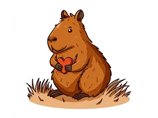Brown capybara holding a red heart sitting on a patch of grass