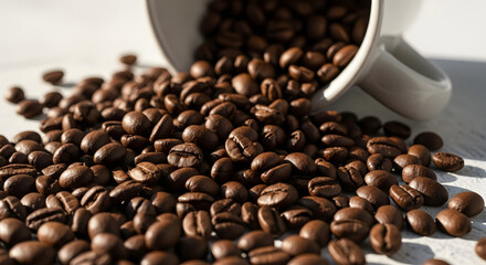 Fototapeta premium Coffee Beans Spilling from White Cup