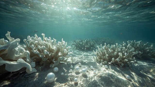 A radiant pearl resting inside an open shell at the bottom of the ocean, surrounded by soft sand and gentle blue light, symbolizing hidden beauty, natural treasures, and underwater serenity.
