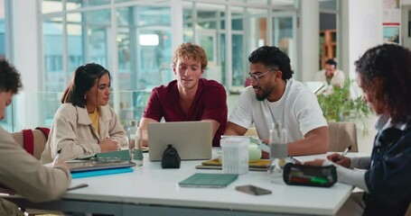 Planning, laptop and discussion for exam, group preparation and studying on campus. College students, friends and people with tech, conversation and notebook for learning and scholarship notes - Powered by Adobe