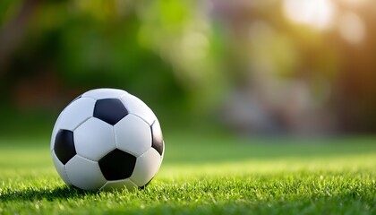 Fototapeta premium Soccer ball football on grass in sunny day