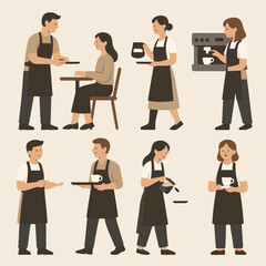 Vector Set Barista coffee shop worker people making drinks