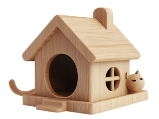 Cute wooden cat house with a playful cat face and tail isolated on transparent background