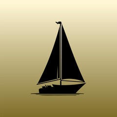 Black Silhouette of Sailboat with Tall Mast and Sails Isolated on Gradient Background Vector