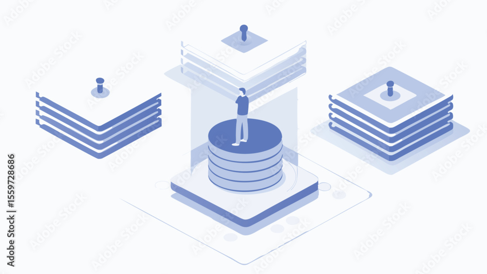 Poster isometric illustration of a person standing on a data server with floating data storage units around