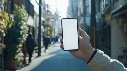 Hand holding smartphone with blank screen in city street.