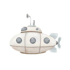 Watercolor submarine, cute cartoon isolated illustration for your design wallpaper, cards or mural.