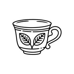 Line Art Illustration of a Teacup with Leaves
