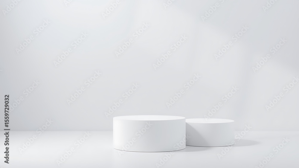 Poster two clean white cylindrical pedestals stand on a white surface with soft shadows and subtle light pa
