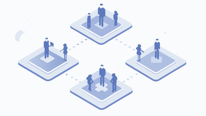 Isometric illustration of interconnected platforms with people standing on each platform network design