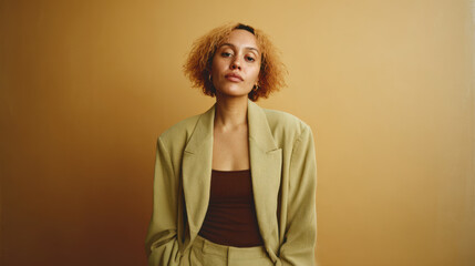 Caucasian creative professional in suit poses confidently against golden backdrop. Retro-styled portrait
