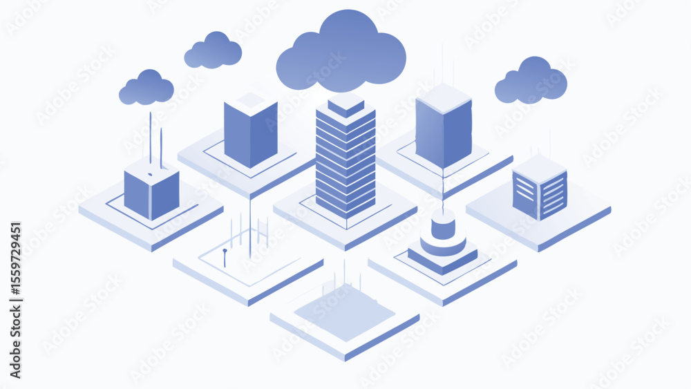 Poster isometric illustration of cloud computing network with servers and data centers on a white backgroun