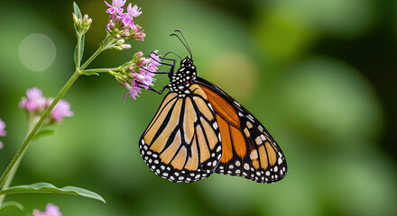 Fototapeta premium Monarch butterfly feeding on nectar from small pink flowers in a garden 