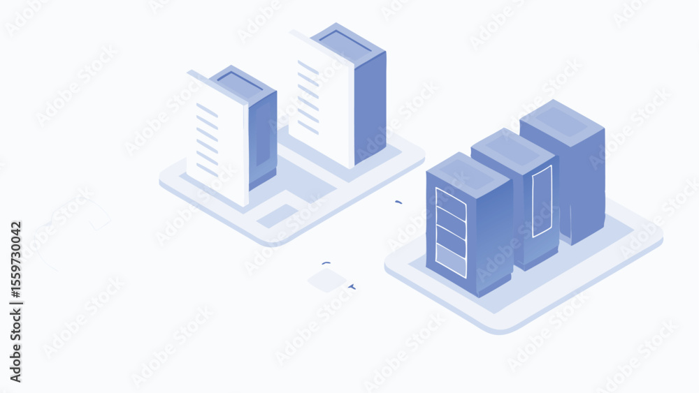 Aufkleber isometric illustration depicting a server room with multiple server racks and data storage units