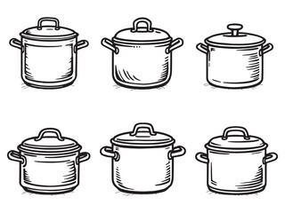 Monochrome line drawing of stockpot cookware kitchen essential