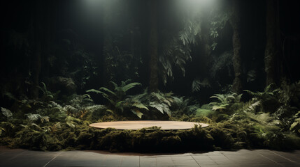 Wooden platform surrounded by ferns in a dimly lit forest setting scene