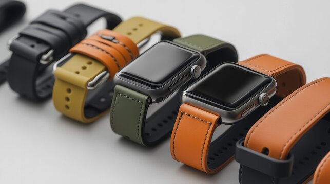 A row of smartwatches with various leather straps in different colors.