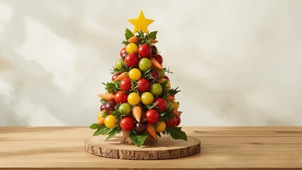 A creative Christmas tree made entirely from colorful fruits and fresh vegetables stands on a festive table, symbolizing healthy holiday celebrations, seasonal joy, and artistic culinary decoration