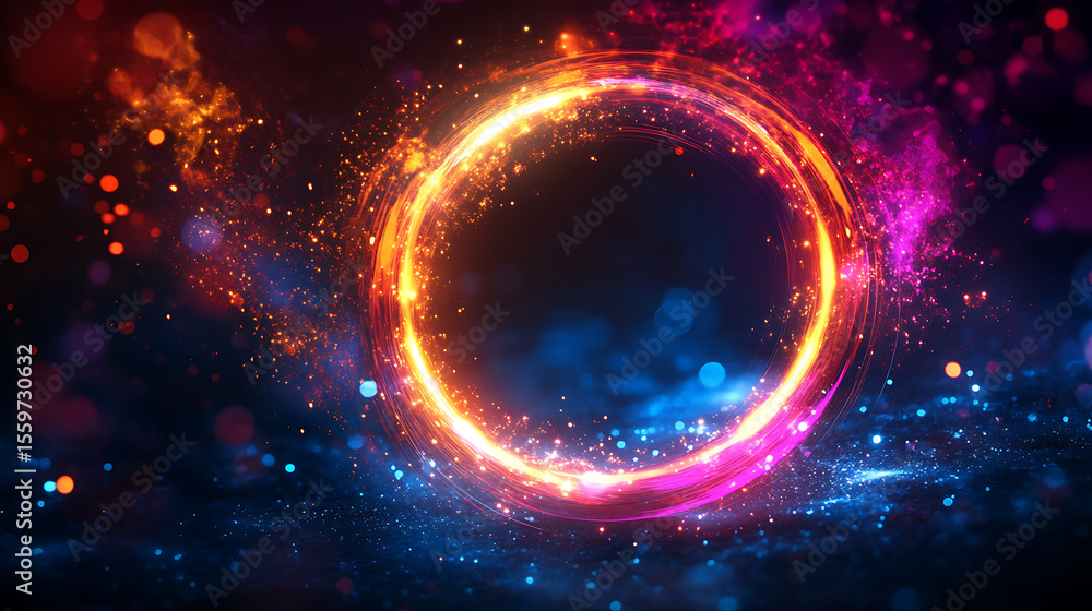 Poster glowing ring with colorful particle effects creates a dreamy and cosmic atmosphere perfect for futur