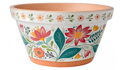 Decorative Plant Pot Hand Painted Floral, Transparent Background