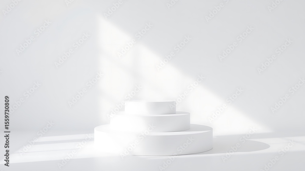 Poster minimalist white tiered podium with soft light and shadow patterns creating a clean and elegant disp