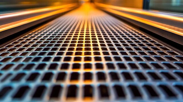 Close-up view of a metal grate on a moving walkway