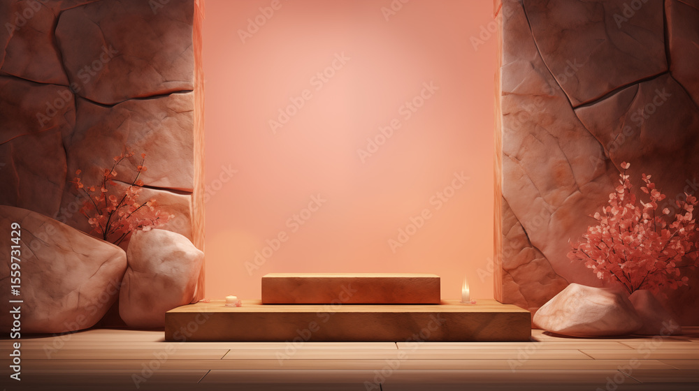 Poster minimalist product display with stone accents and soft peach color backdrop