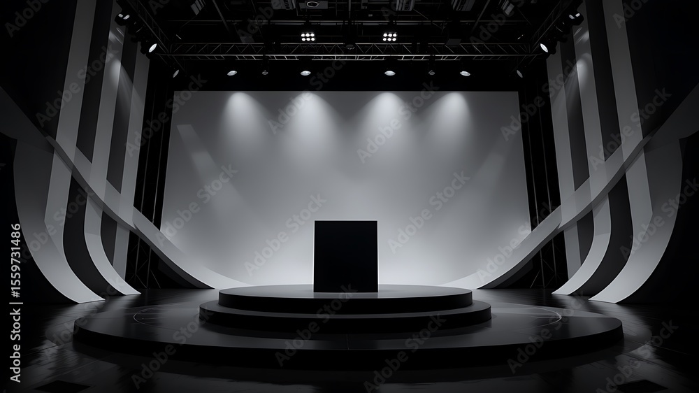 Poster modern minimalist stage with tiered circular platform and spotlight illumination ready for presentat