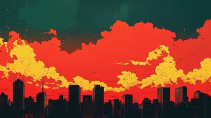 Fiery sunset over a cityscape silhouette.