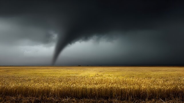 Bottom up landscape of supercell tornado touching down golden wheat field swirling funnel rural landscape destructive weather natural disaster theme stormy sky background  transparent