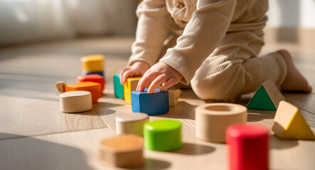 Toddler Playing with Colorful Wooden Educational Toys on Light Wooden Floor