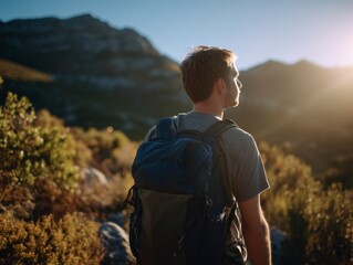 Hiker stands amidst nature gazing at mountains Backpack on sun setting