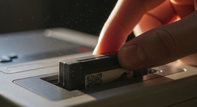 Hand inserting usb flash drive into device with focus on qr code and dust particles