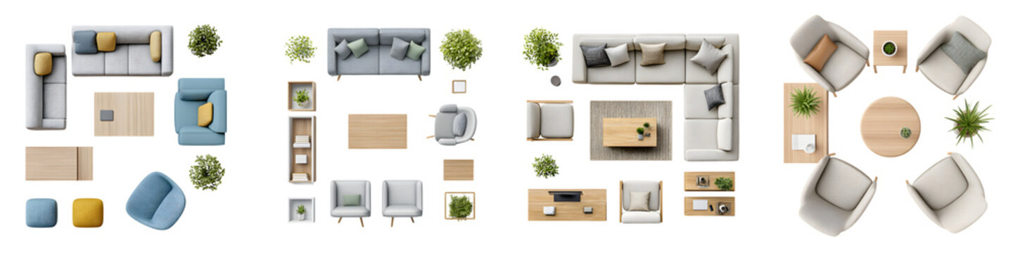 Top View Interior Furniture Arrangement Isolated on White Background