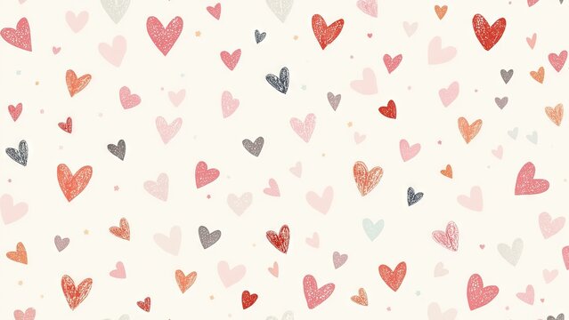 Charming background featuring hand-drawn hearts sketched with colorful pencils, creating a playful and romantic design that perfectly captures the warmth, love, and creativity of Valentine's Day