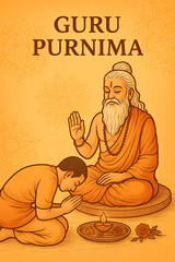 Guru Purnima reverence featuring a disciple bowing in deep respect to their enlightened guru amidst decorative spiritual motifs
