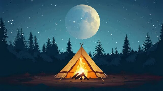 Forest camping scene under night sky moon