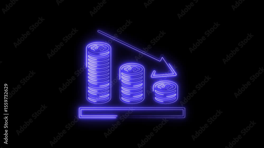 Poster Neon style declining coin stack graph on black background shows recession and financial losses