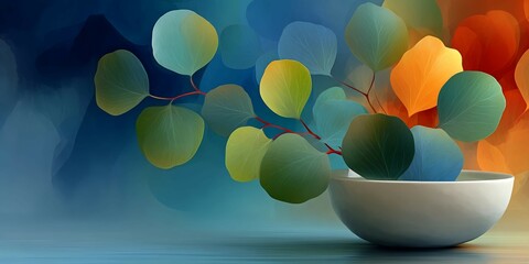 A serene spa scene with a bowl of vibrant eucalyptus leaves on a blended gradient background