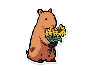 Illustration shows a Capybara holding sunflowers