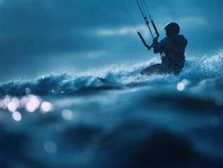 Kitesurfer gliding over water dark helmet harness gear visible in stormy conditions