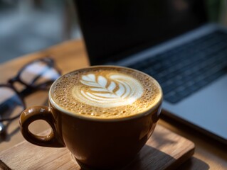 Latte art coffee cup on wooden table beside glasses and laptop
