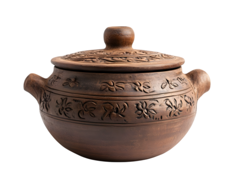 Rustic clay pot with embossed floral pattern isolated on transparent background