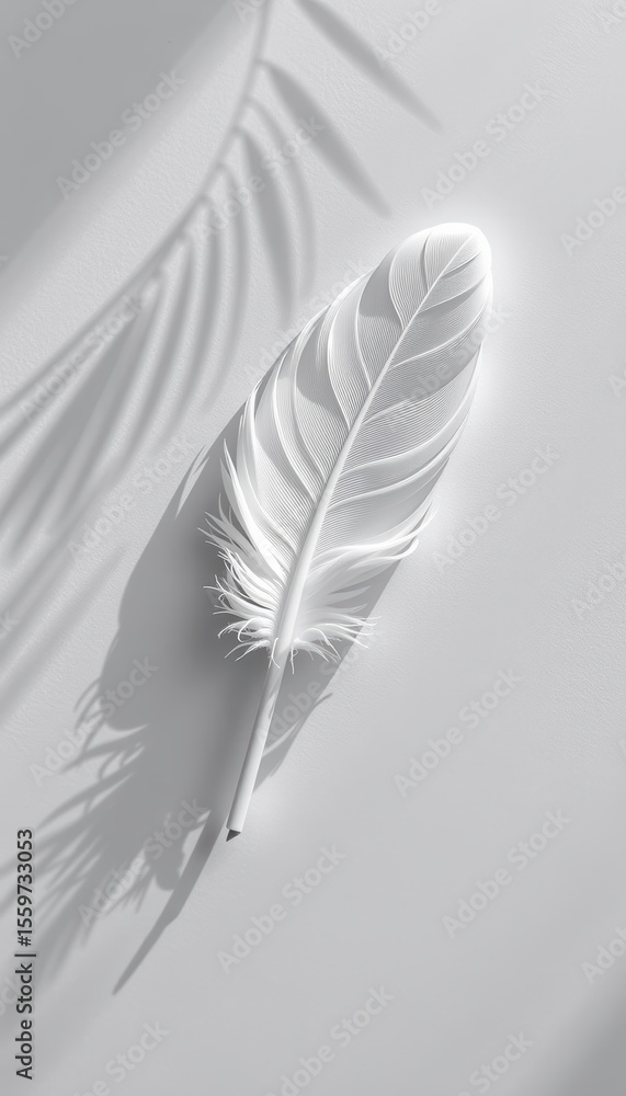 Poster a delicate white feather casting a soft shadow on a smooth, light surface, highlighting texture and 