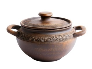 Rustic clay pot with handles and decorative embossing isolated on transparent background