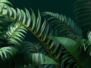 Lush green foliage with detailed leaf textures set against a dark backdrop