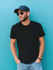 Man in a black shirt cap  sunglasses leans against a blue wall