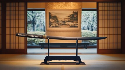 A katana sword displayed on a stand in a traditional Japanese room.