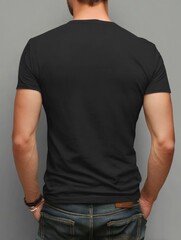Man in black tshirt and jeans stands with back to viewer against a gray backdrop