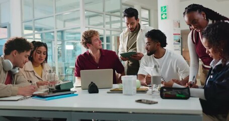 Teacher, laptop and discussion group for exam, advice and preparation or studying on campus. College students, team and people with tech, conversation and notebook for learning and scholarship notes - Powered by Adobe